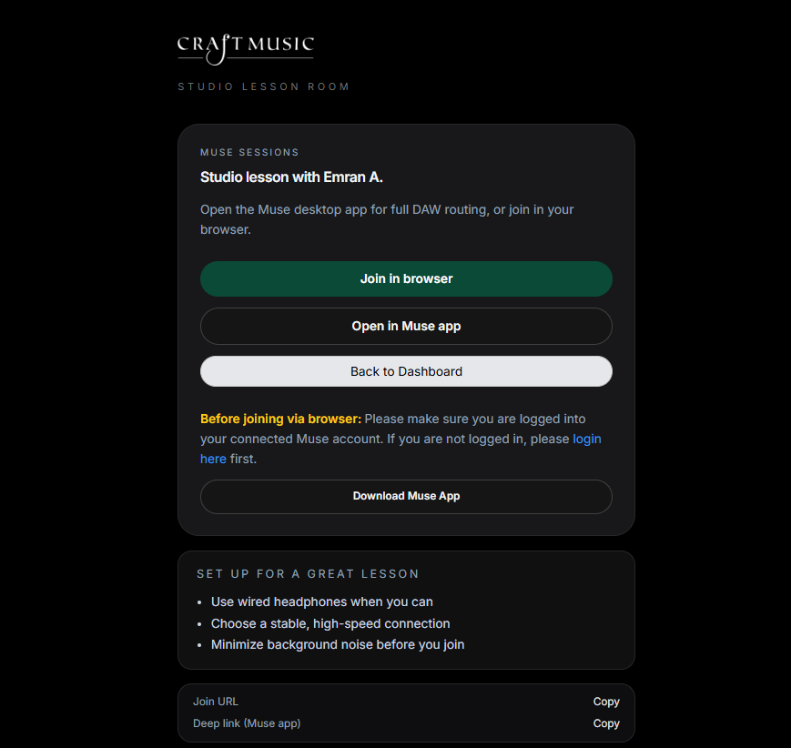 Craft Music pre-join screen for a Muse studio lesson with Join in browser, Open in Muse app, and Download Muse App links