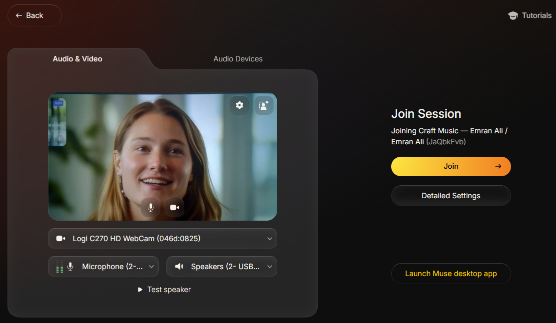 Muse Sessions pre-join screen shown to the teacher as host