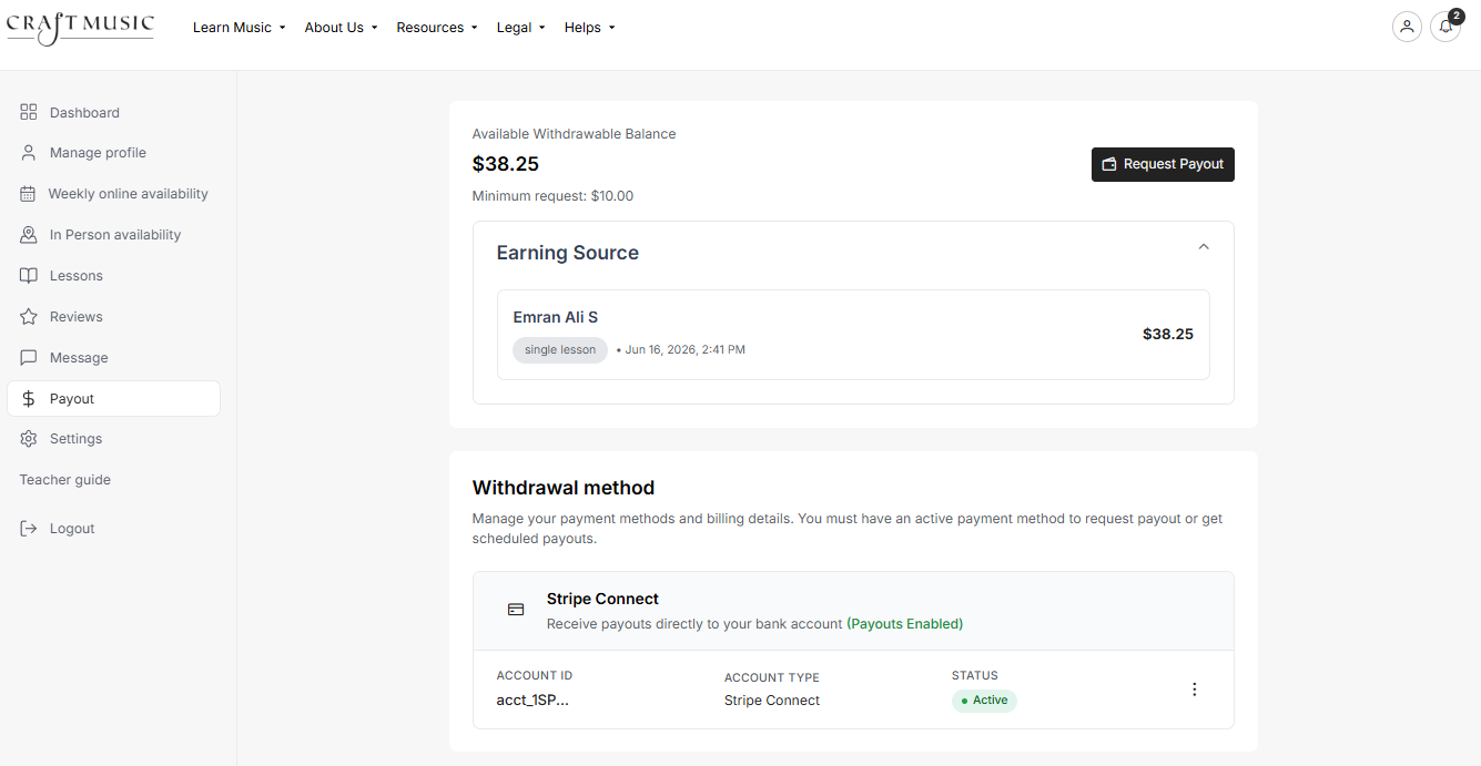 Craft Music teacher dashboard payouts