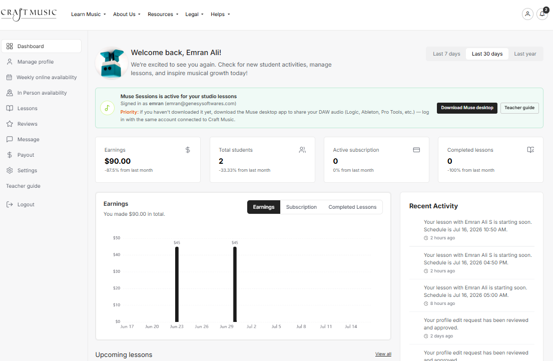 Craft Music teacher dashboard
